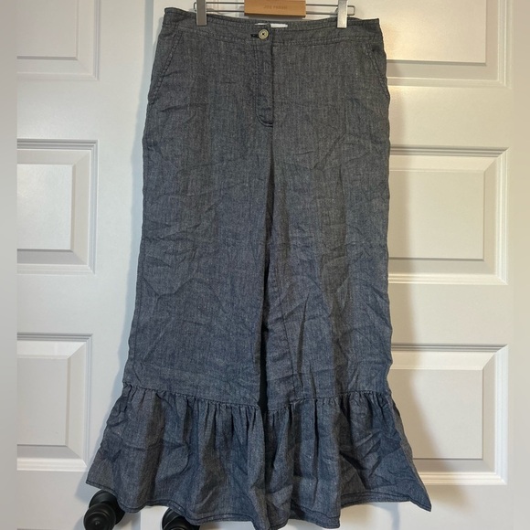 Anthropologie Ett Twa Chambray Linen Ruffle Crop Pants Size 8 - Picture 9 of 11